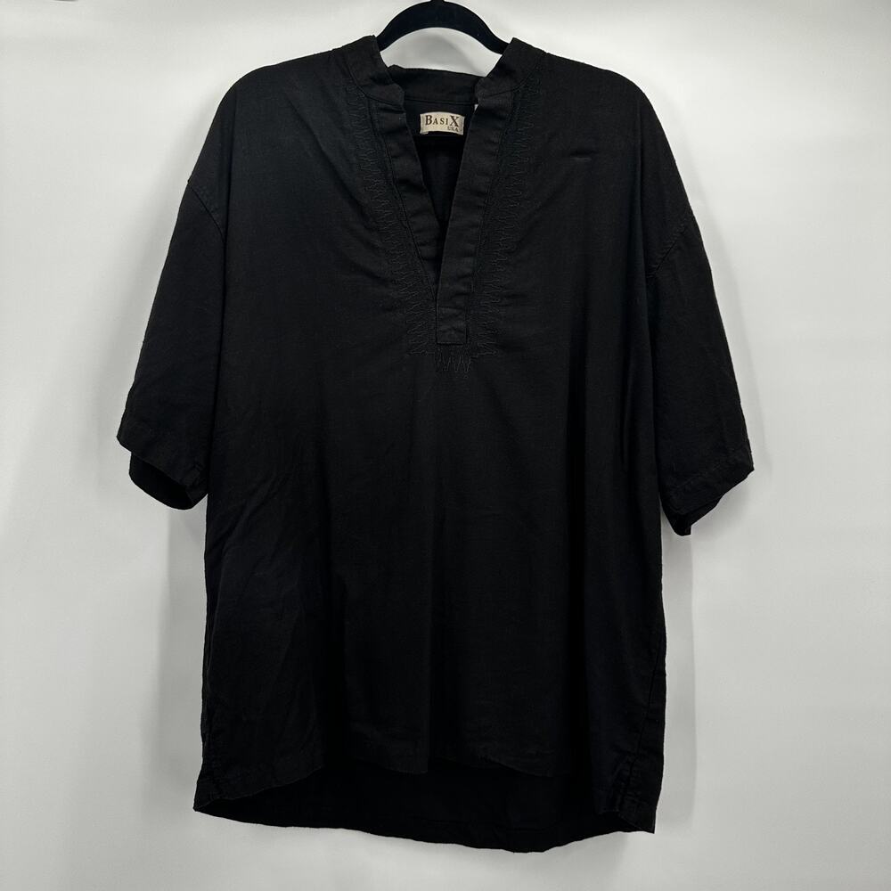 Basix Shirt Top Womens Large Black Linen Blend Minimalist Breathable Embroidered - Picture 2 of 11